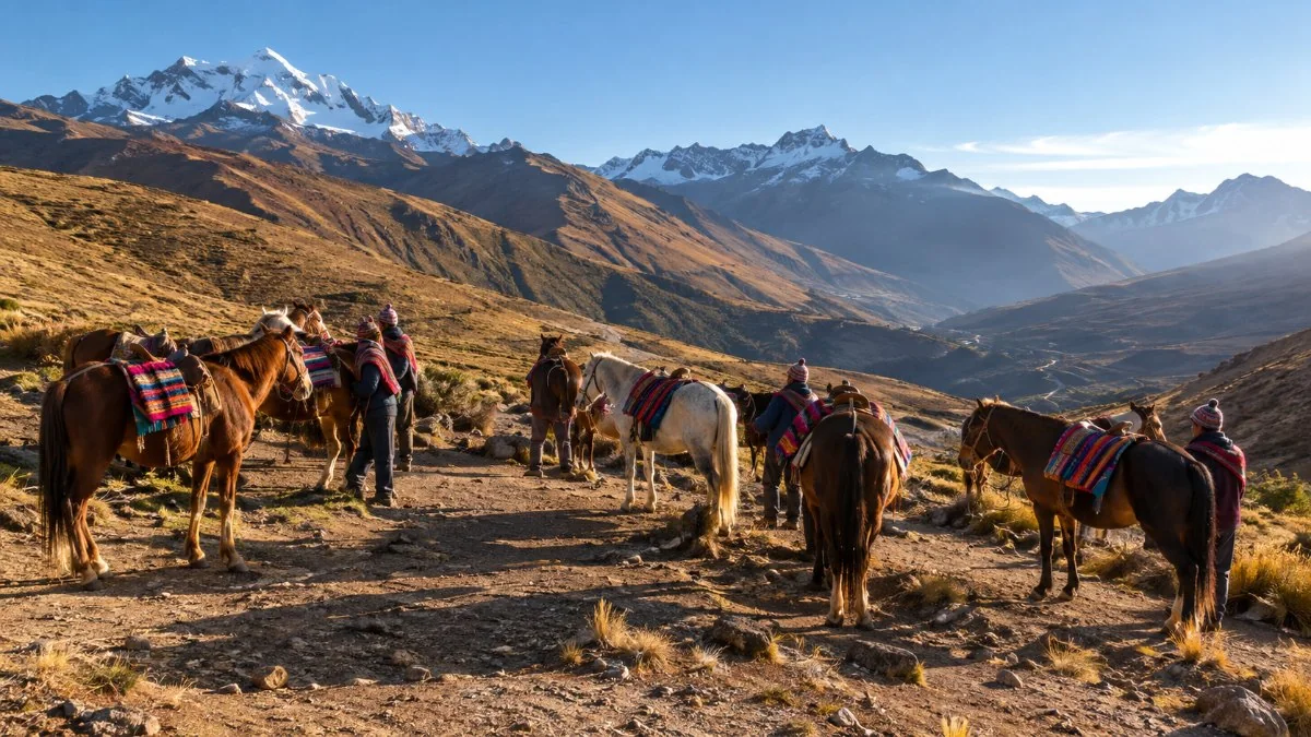 Saddled horses waiting with their handlers at the Rainbow Mountain trailhead in early light