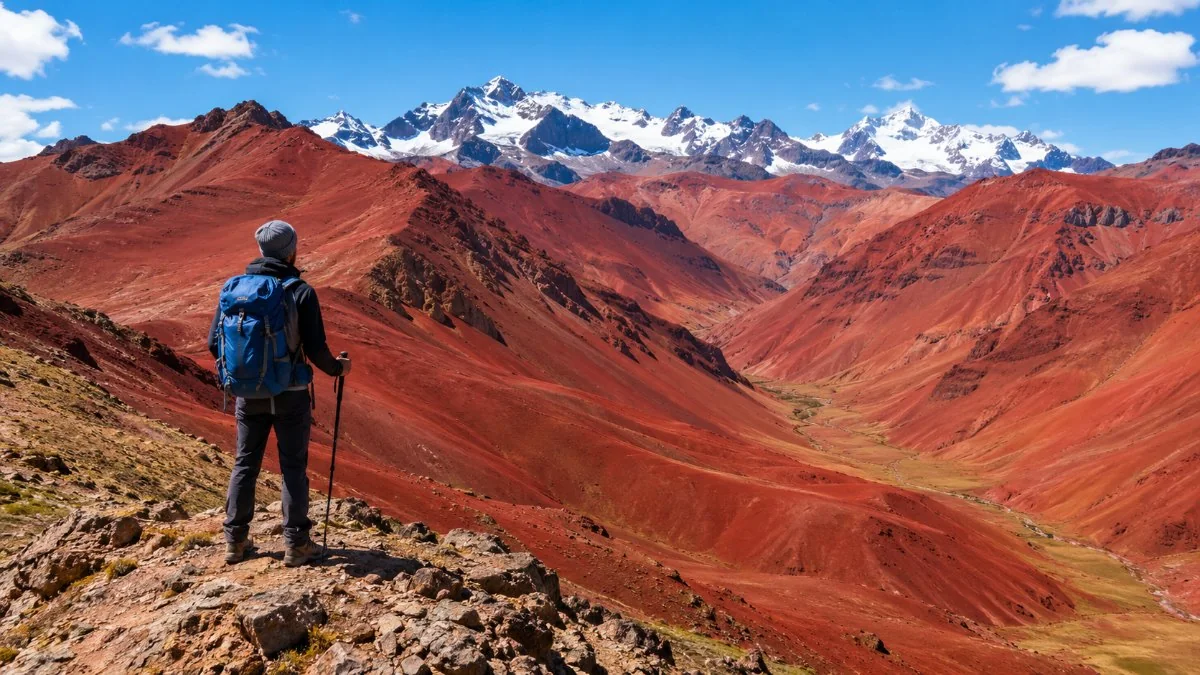 A hiker standing on a ridge above the folded rust-red slopes of the Red Valley