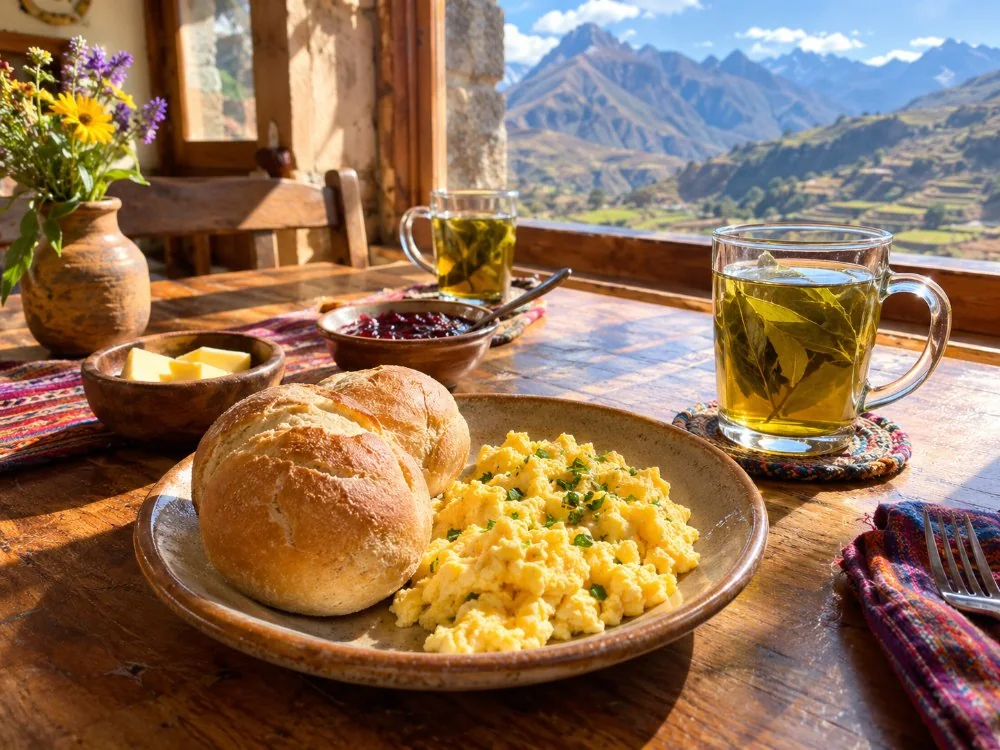 A simple breakfast of bread, eggs and coca tea on a table in a village restaurant